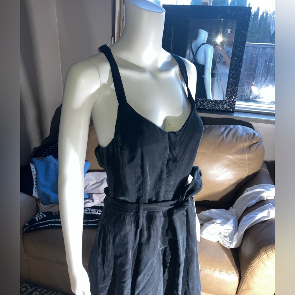 100% Cupro Flowy Wide Leg Belted Button Front Jumpsuit - Picture 6 of 10